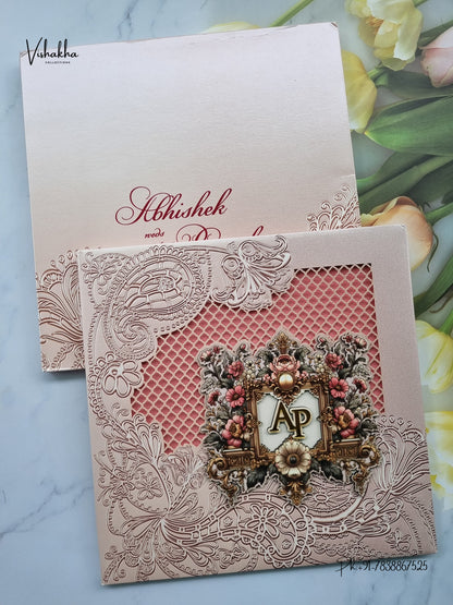 Semi Box MDF Board Laser Cut Padded Flower Hindu Muslim Christian Sikh Jain invitation Cards LN-853 – image 1