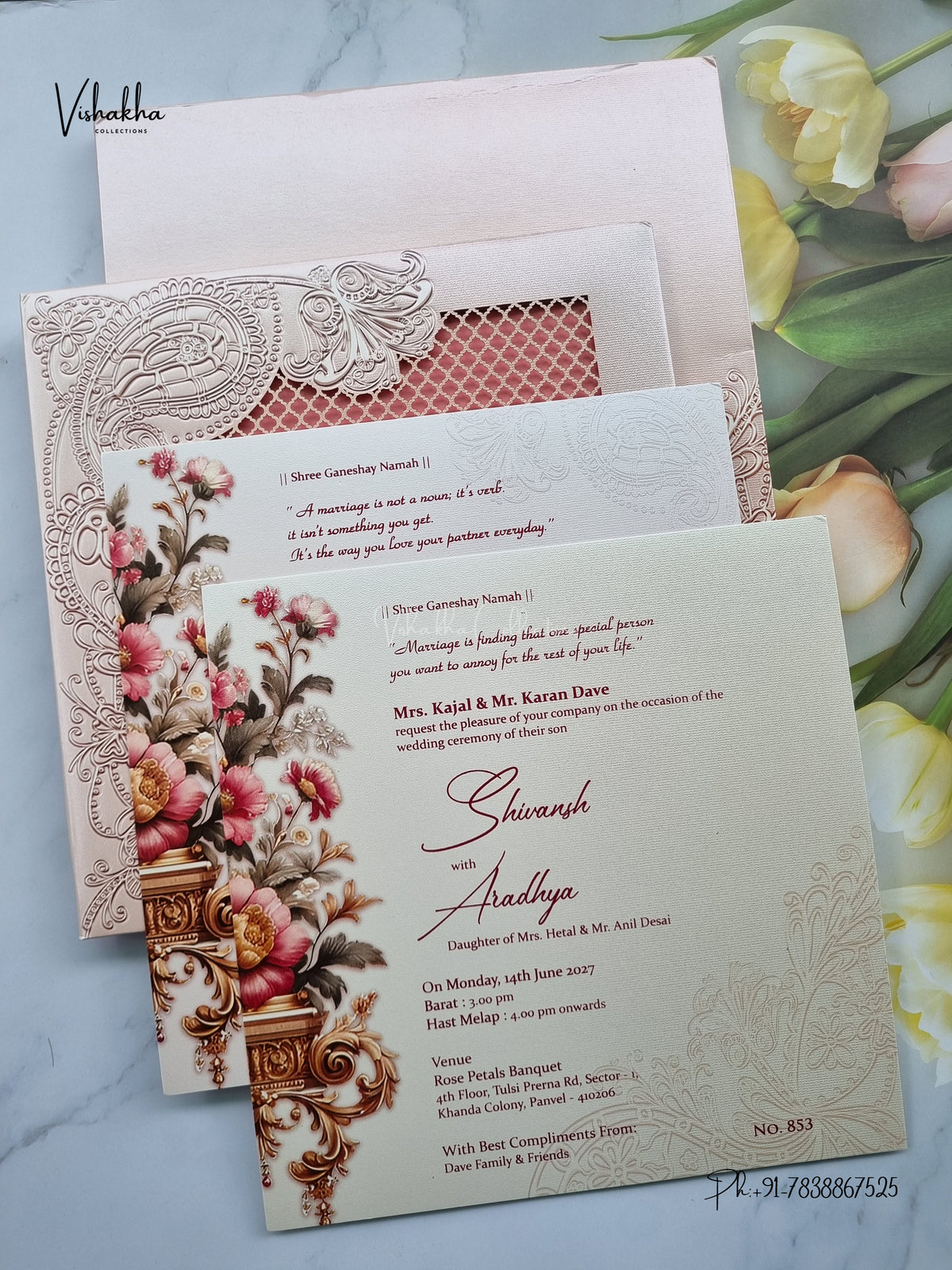 Semi Box MDF Board Laser Cut Padded Flower Hindu Muslim Christian Sikh Jain invitation Cards LN-853 – image 3