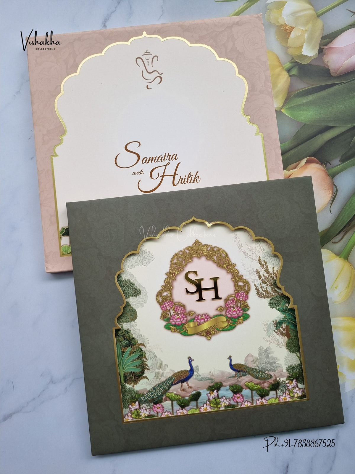 Semi Box Padded Peacock Hindu Muslim Christian Sikh Jain invitation Cards LN-855 – image 1