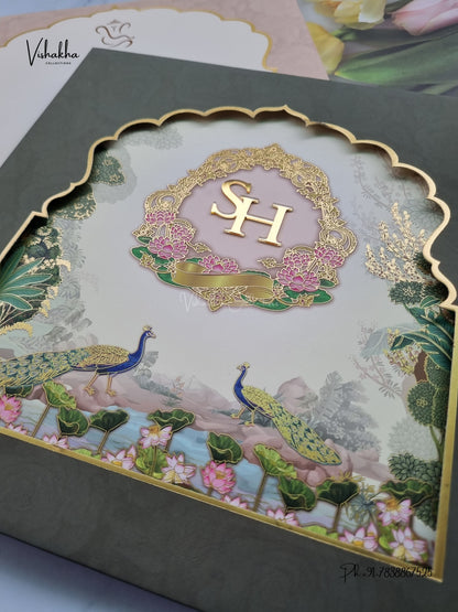 Semi Box Padded Peacock Hindu Muslim Christian Sikh Jain invitation Cards LN-855 – image 2