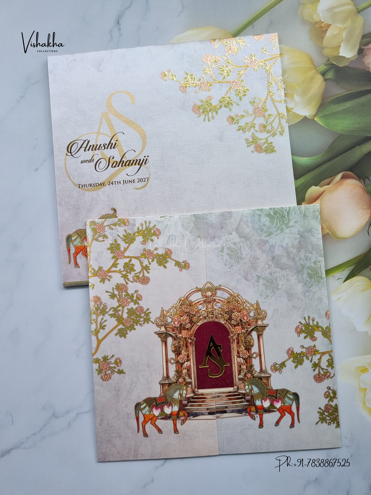 Semi Box Double Door Horse Flower Hindu Muslim Christian Sikh Jain invitation Cards LN-891 – image 1