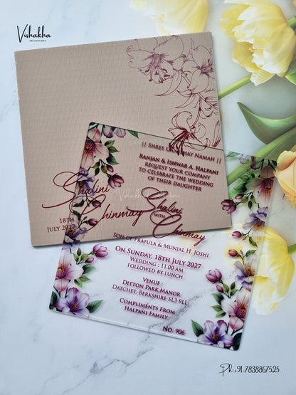 Semi Box Acrylic Flower Hindu Muslim Christian Sikh Jain invitation Cards LN-906 – image 3