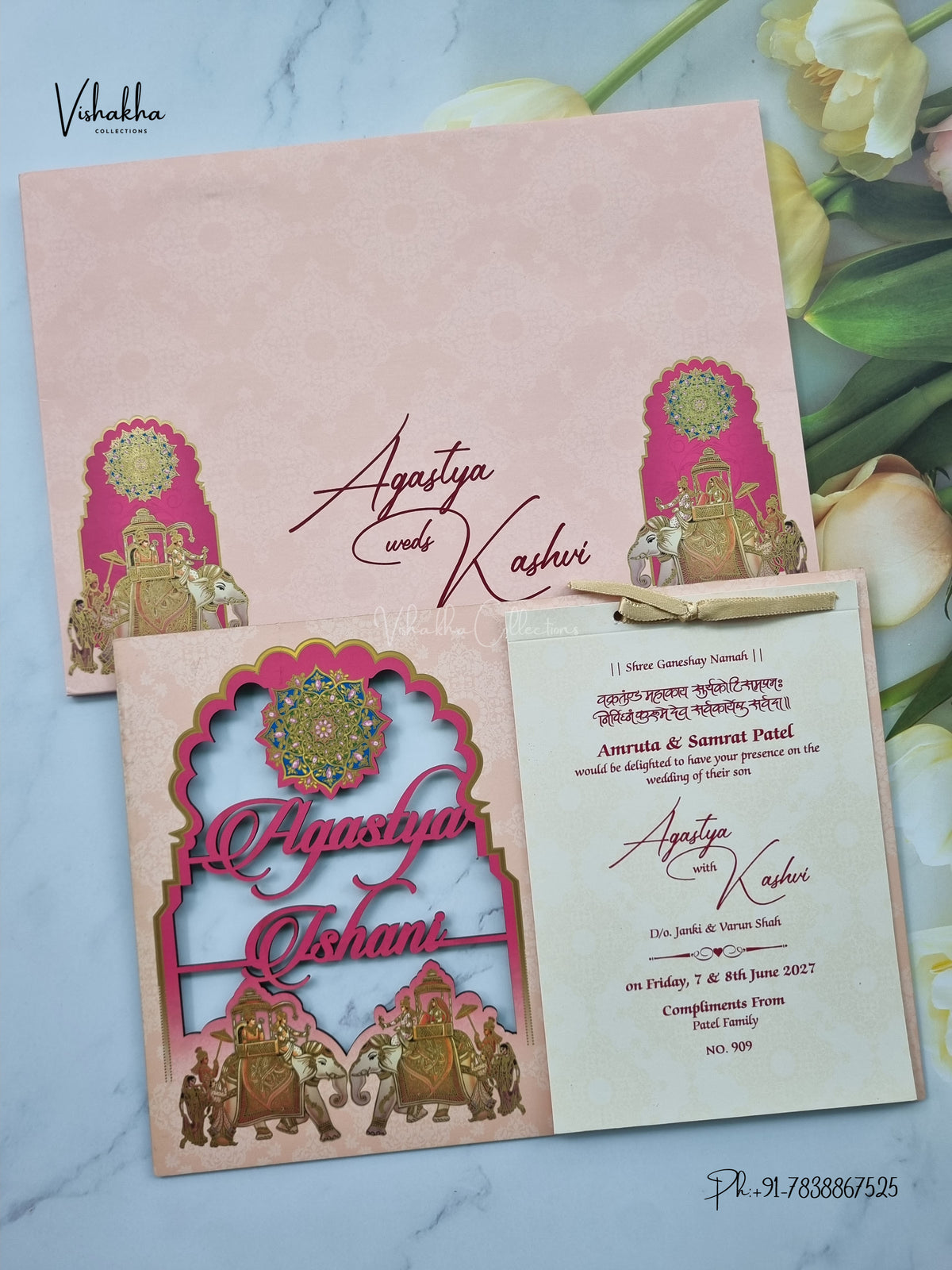 Semi Box MDF Board Laser Cut Ribbon Hathi Hindu Muslim Christian Sikh Jain invitation Cards LN-909-NEW – image 1