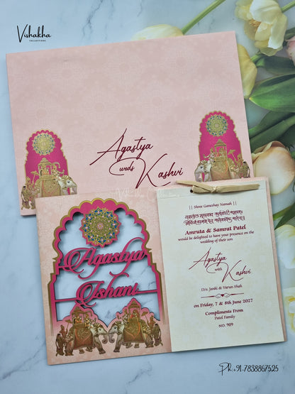 Semi Box MDF Board Laser Cut Ribbon Hathi Hindu Muslim Christian Sikh Jain invitation Cards LN-909-NEW – image 1