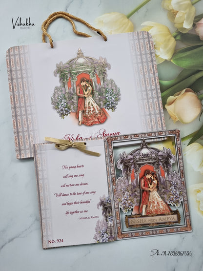 Semi Box MDF Board Laser Cut Carry Bag Dulah Dulhan Hindu Muslim Christian Sikh Jain invitation Cards LN-924 – image 1
