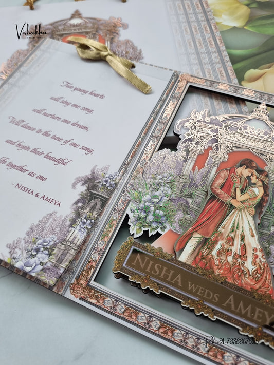 Semi Box MDF Board Laser Cut Carry Bag Dulah Dulhan Hindu Muslim Christian Sikh Jain invitation Cards LN-924 – image 2