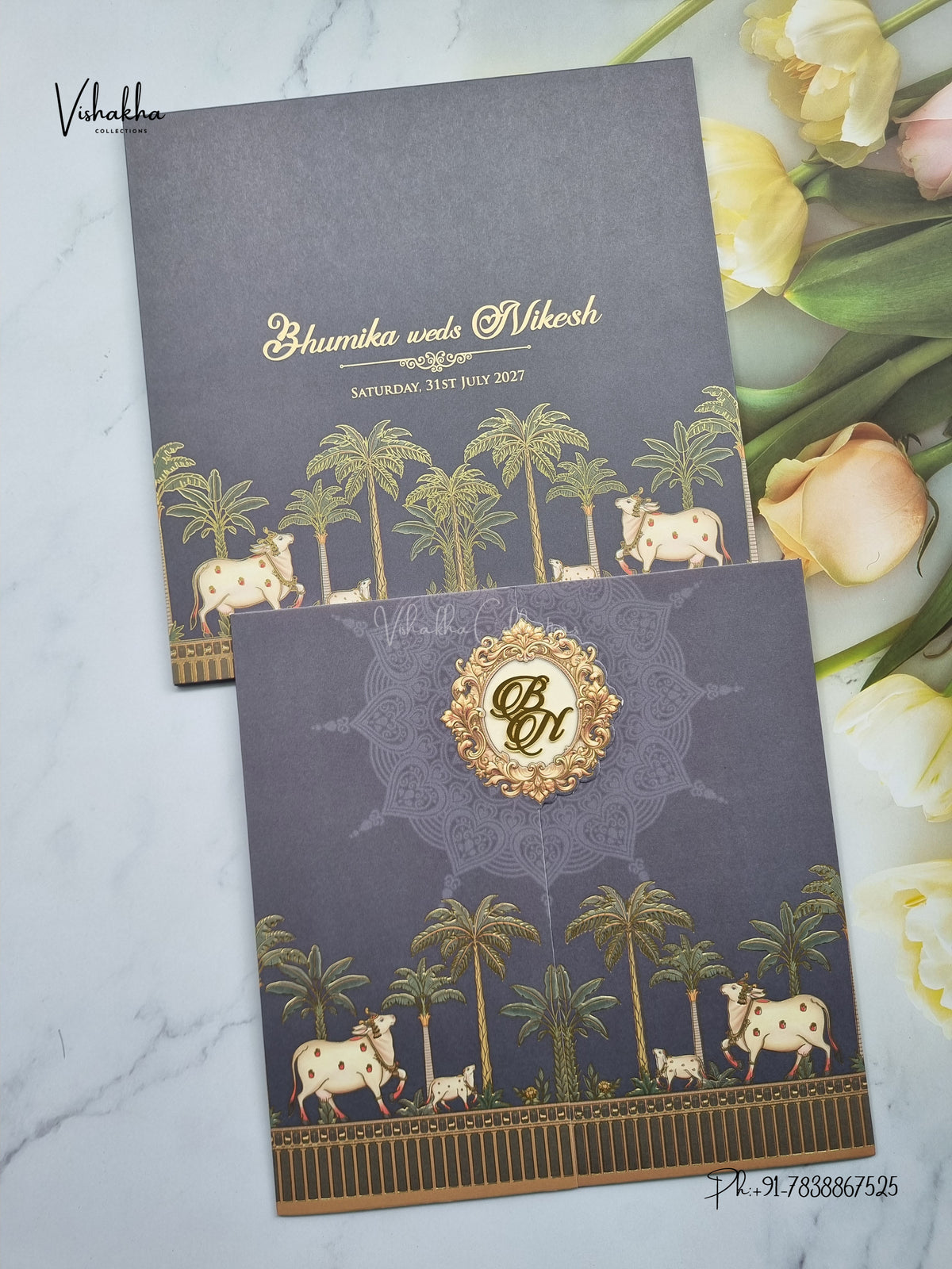 Semi Box Double Door Cow Banana Tree Hindu Muslim Christian Sikh Jain invitation Cards LN-938 – image 1