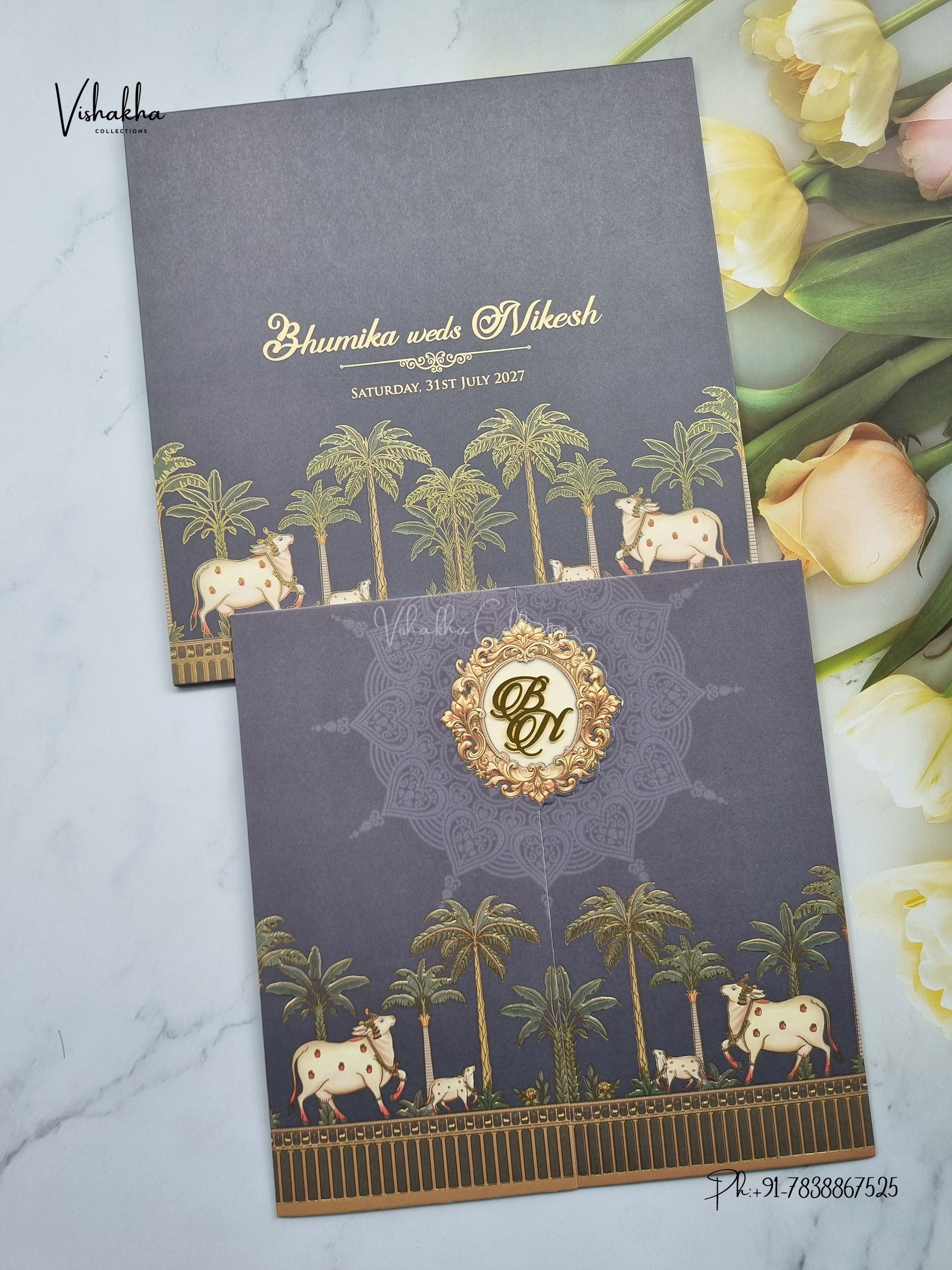 Semi Box Double Door Cow Banana Tree Hindu Muslim Christian Sikh Jain invitation Cards LN-938 – image 1