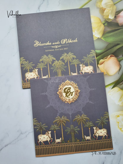 Semi Box Double Door Cow Banana Tree Hindu Muslim Christian Sikh Jain invitation Cards LN-938 – image 1