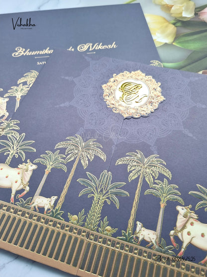 Semi Box Double Door Cow Banana Tree Hindu Muslim Christian Sikh Jain invitation Cards LN-938 – image 2