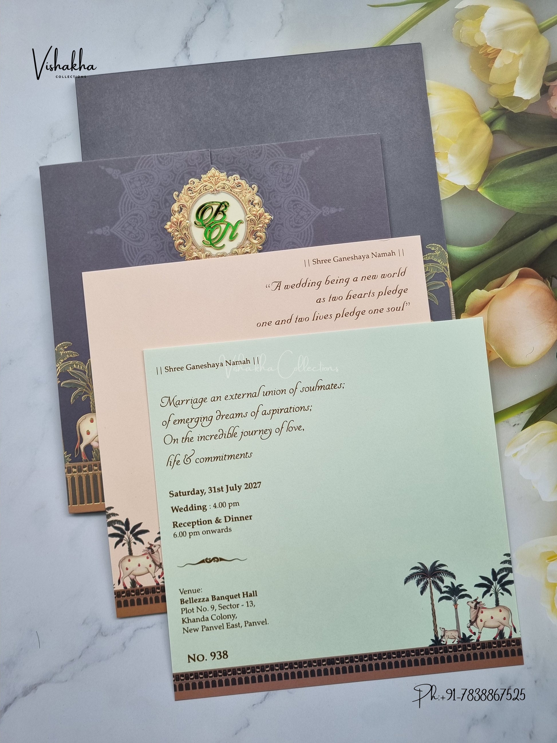 Semi Box Double Door Cow Banana Tree Hindu Muslim Christian Sikh Jain invitation Cards LN-938 – image 3