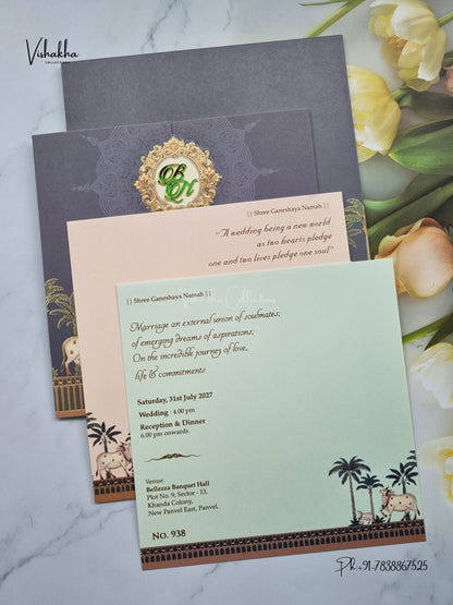Semi Box Double Door Cow Banana Tree Hindu Muslim Christian Sikh Jain invitation Cards LN-938 – image 3