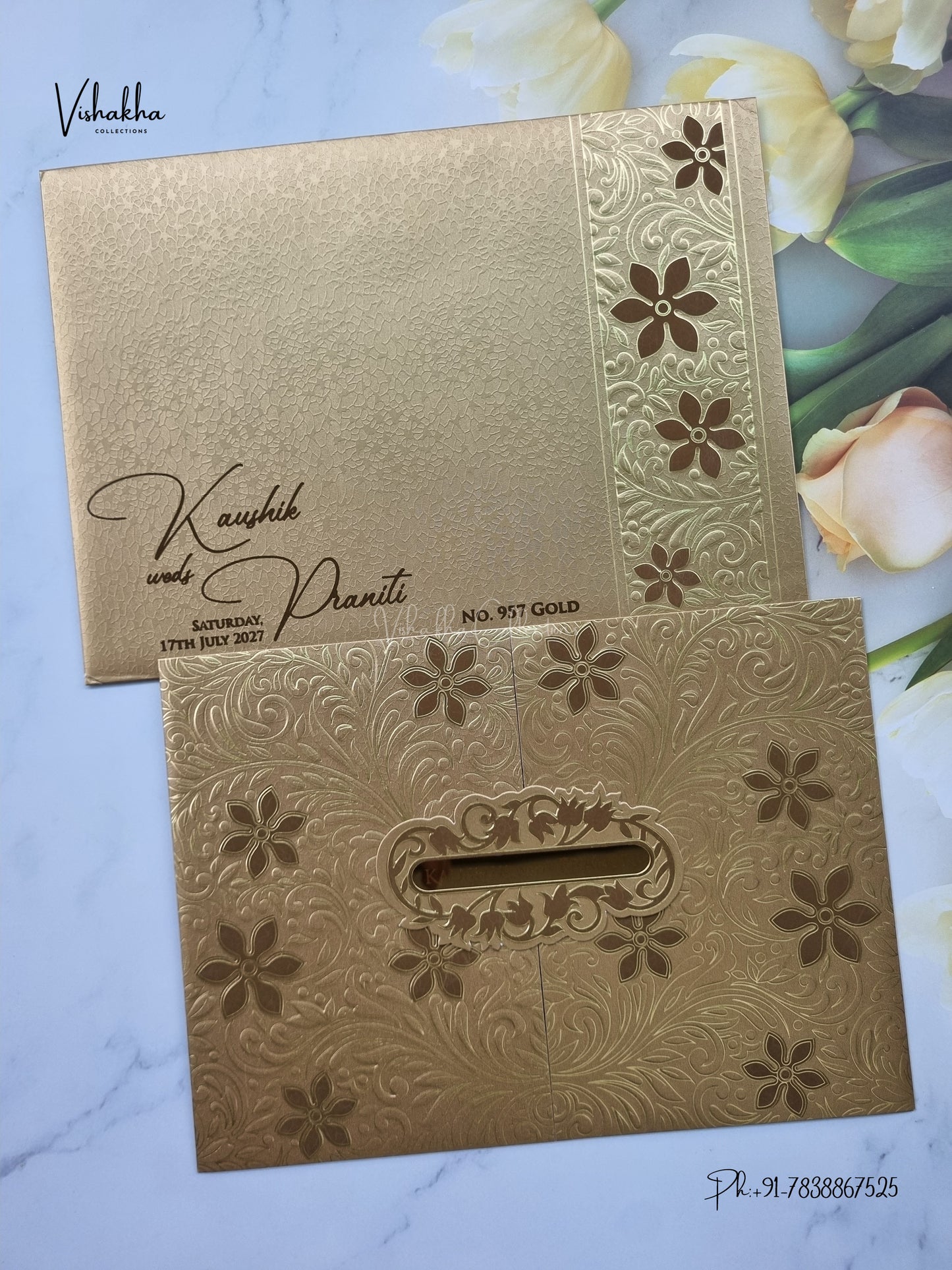 Double Door Flower Hindu Muslim Christian Sikh Jain invitation Cards LN-957 – image 1