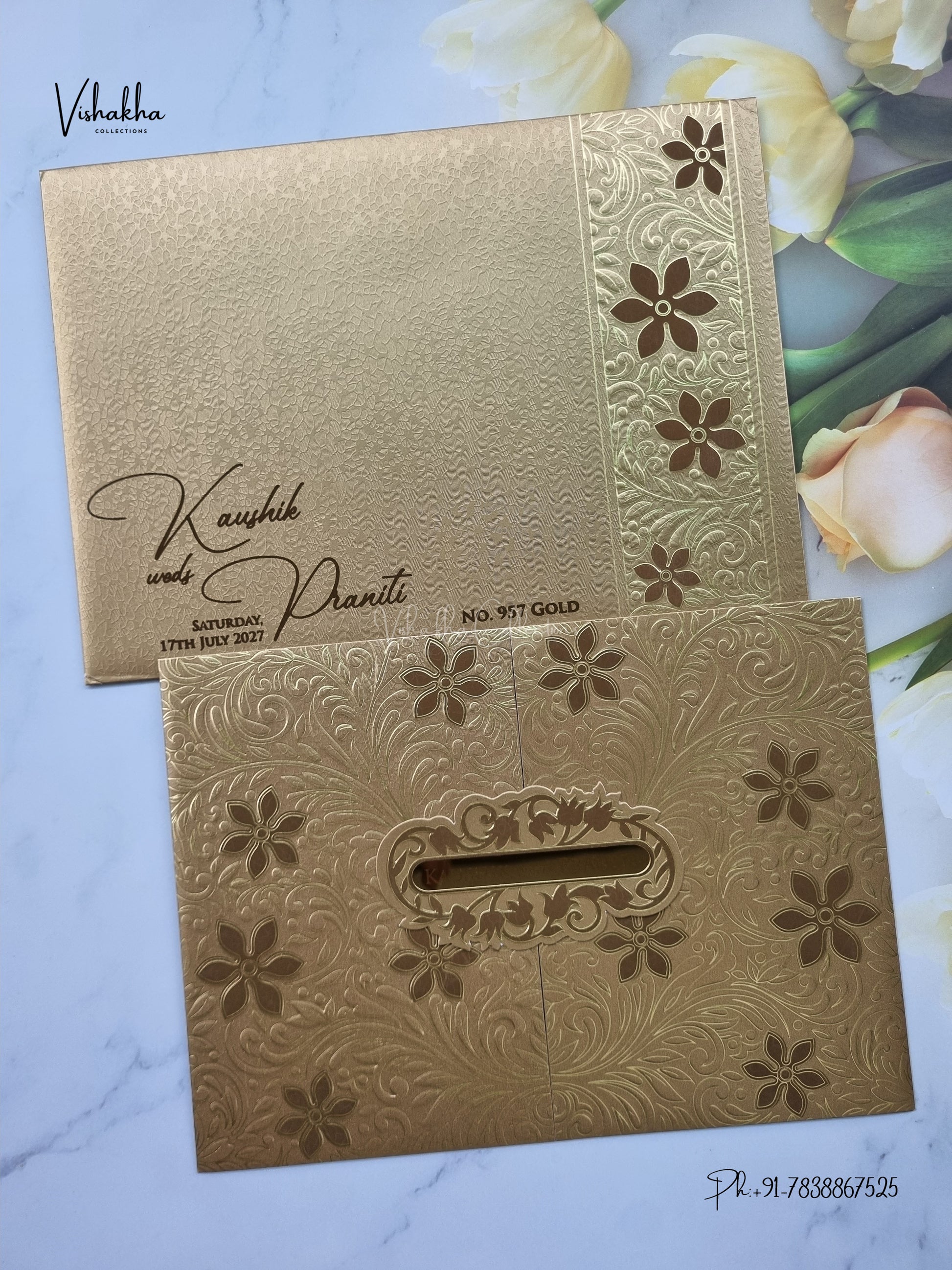 Double Door Flower Hindu Muslim Christian Sikh Jain invitation Cards LN-957 – image 1
