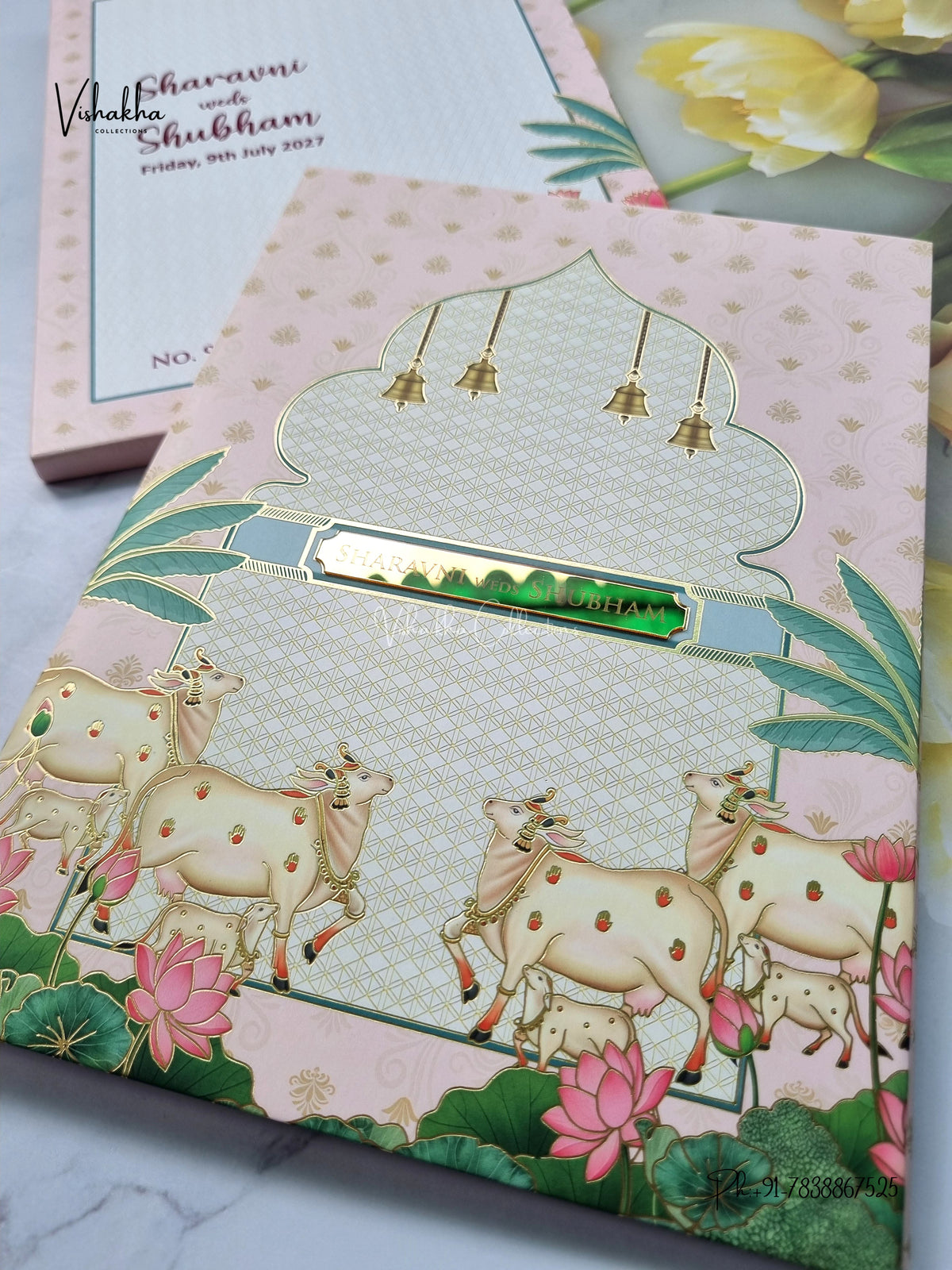 Semi Box Padded Cow Banana Tree Hindu Muslim Christian Sikh Jain invitation Cards LN-968 – image 2