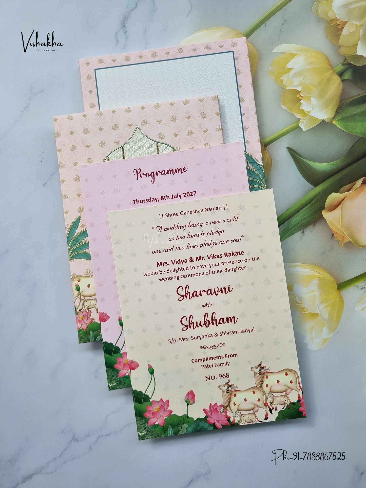 Semi Box Padded Cow Banana Tree Hindu Muslim Christian Sikh Jain invitation Cards LN-968 – image 3