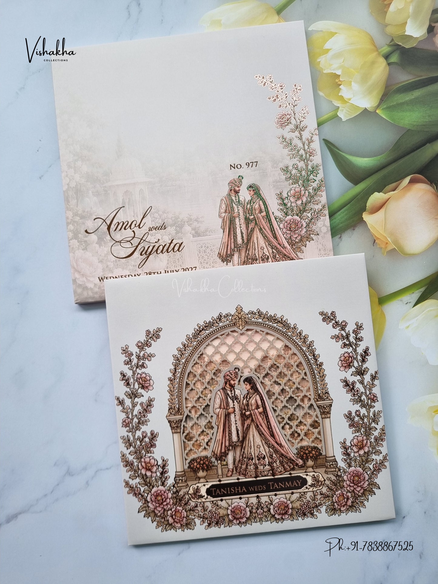 Semi Box Laser Cut Padded Dulah Dulhan Hindu Muslim Christian Sikh Jain invitation Cards LN-977 – image 1