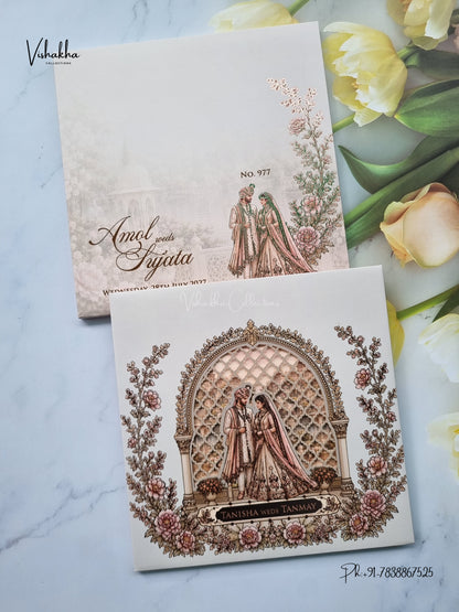Semi Box Laser Cut Padded Dulah Dulhan Hindu Muslim Christian Sikh Jain invitation Cards LN-977 – image 1