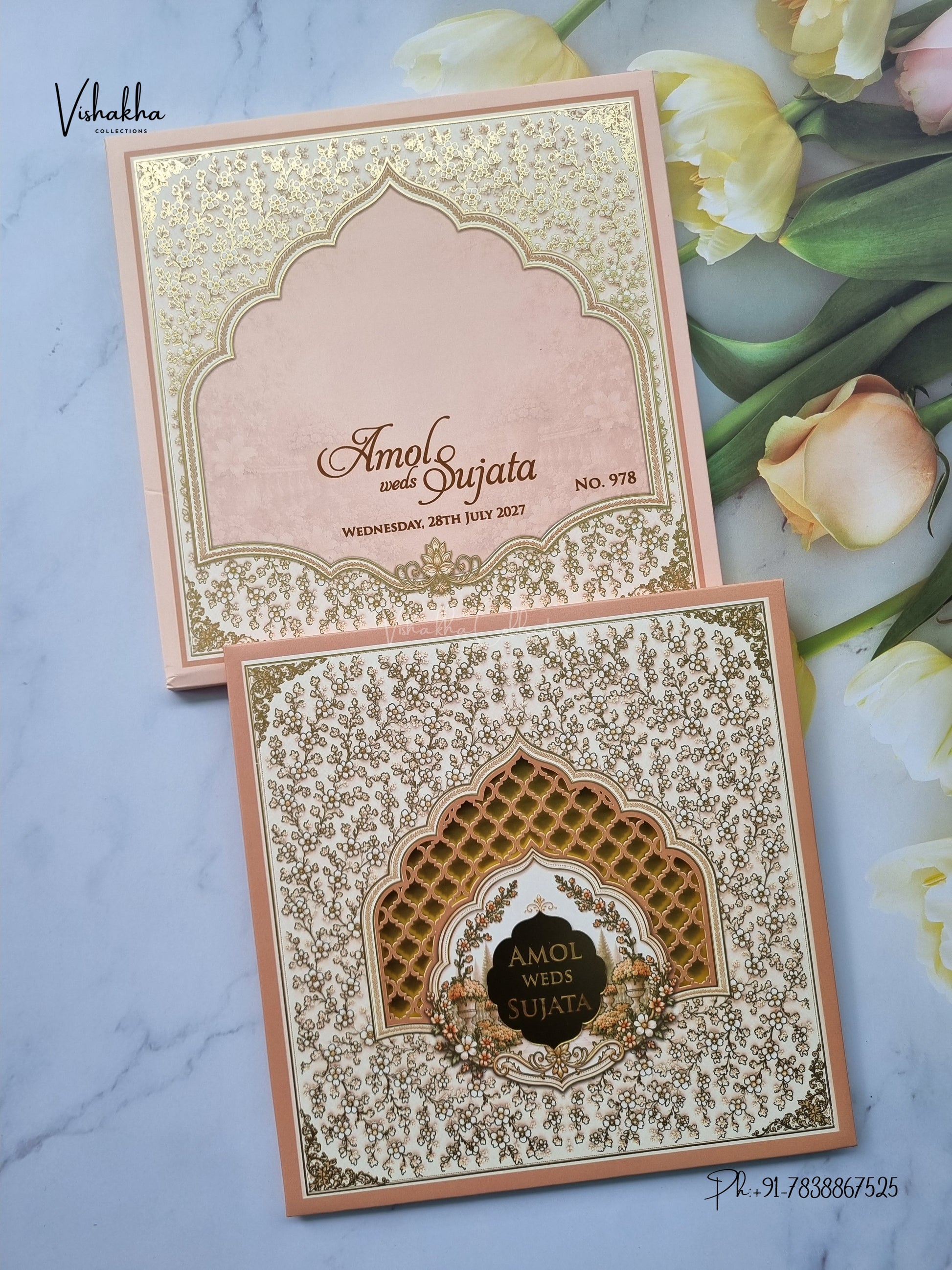 Semi Box Laser Cut Padded Flower Hindu Muslim Christian Sikh Jain invitation Cards LN-978 – image 1