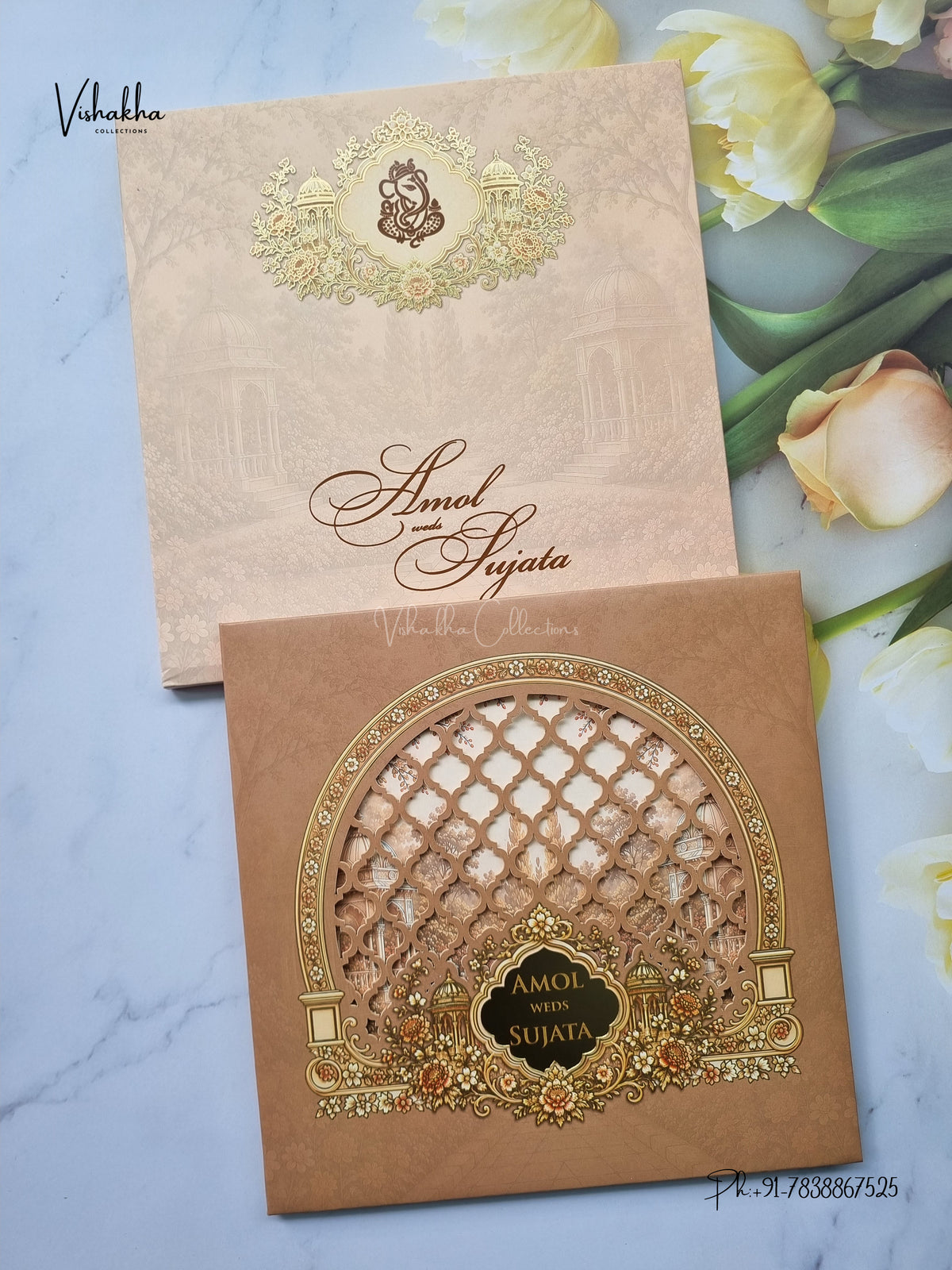 Semi Box Laser Cut Padded Flower Hindu Muslim Christian Sikh Jain invitation Cards LN-979 – image 1