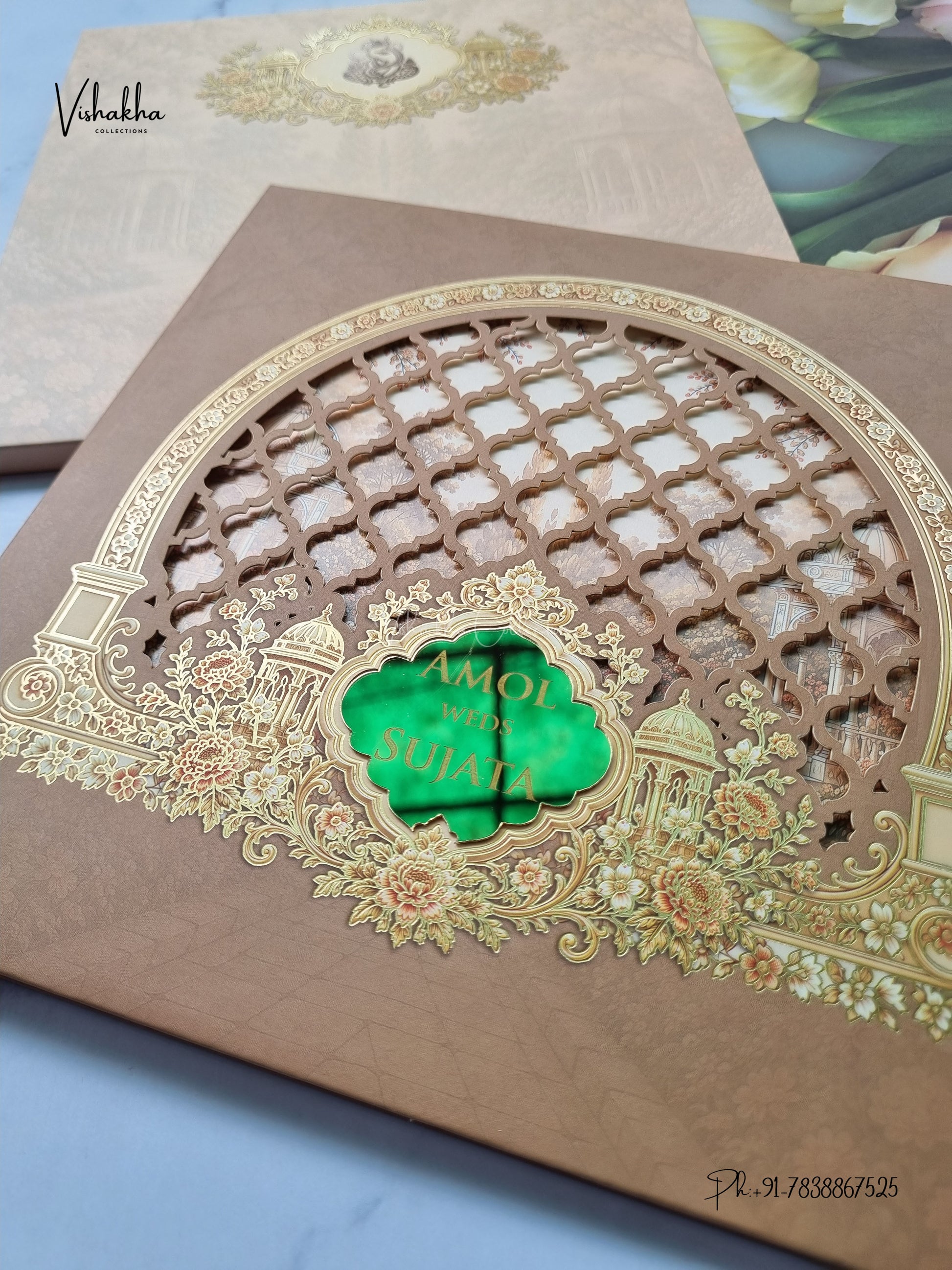 Semi Box Laser Cut Padded Flower Hindu Muslim Christian Sikh Jain invitation Cards LN-979 – image 2