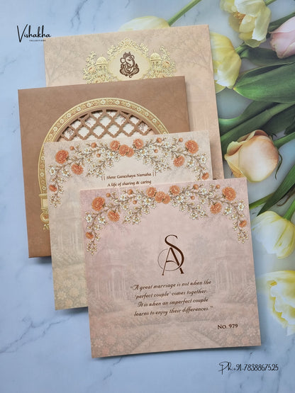 Semi Box Laser Cut Padded Flower Hindu Muslim Christian Sikh Jain invitation Cards LN-979 – image 3