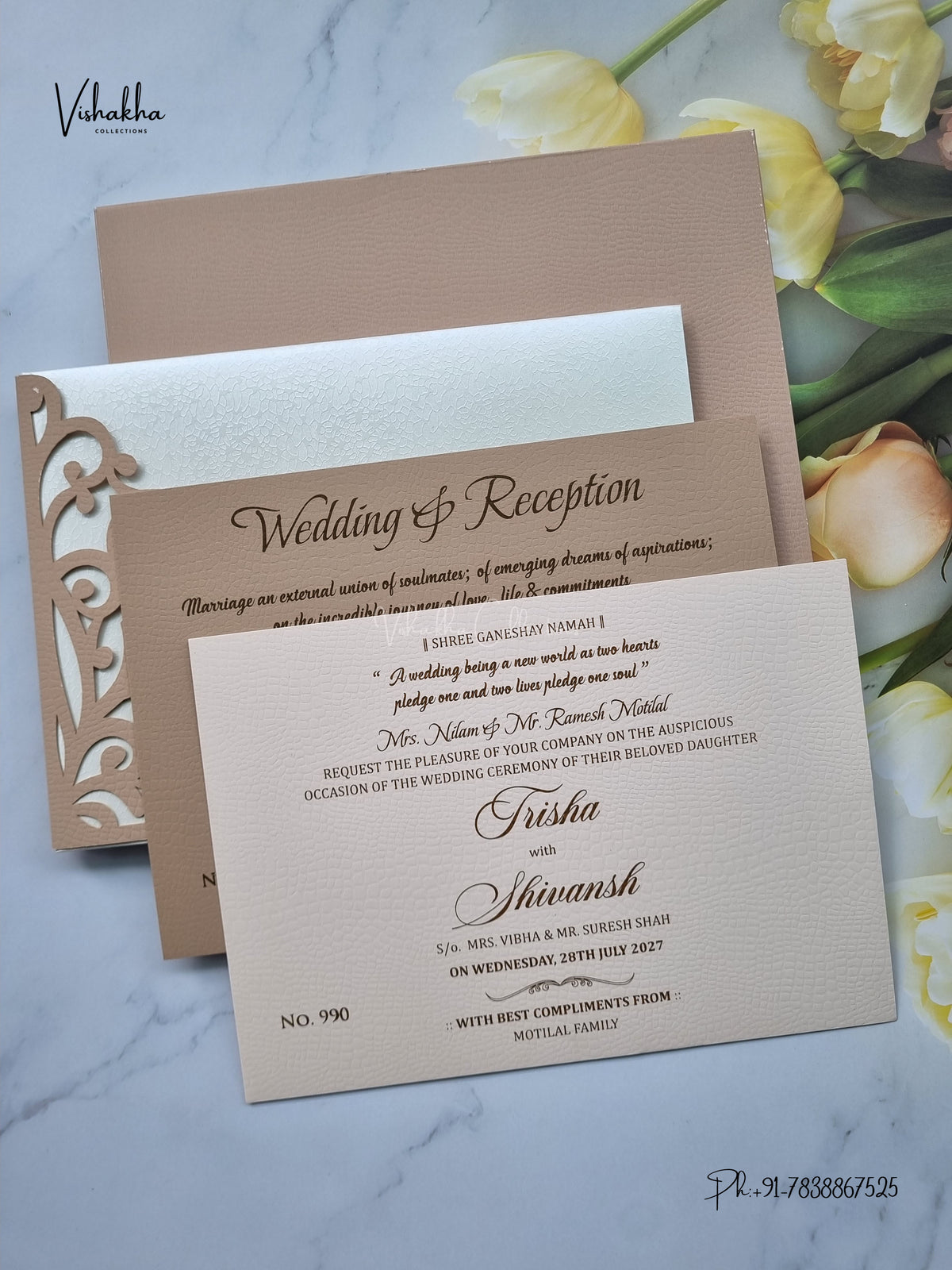 Semi Box Laser Cut Padded Hindu Muslim Christian Sikh Jain invitation Cards LN-990 – image 3