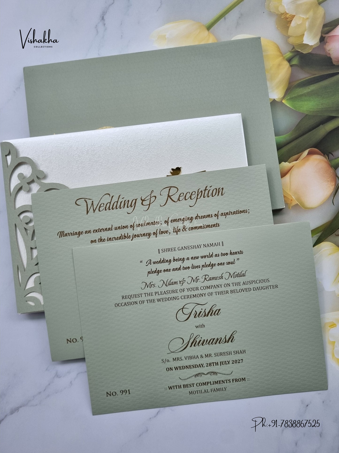 Semi Box Laser Cut Padded Hindu Muslim Christian Sikh Jain invitation Cards LN-991 – image 3
