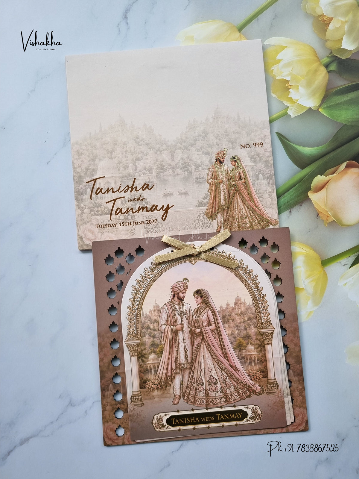 Semi Box MDF Board Laser Cut Ribbon Dulah Dulhan Hindu Muslim Christian Sikh Jain invitation Cards LN-999 – image 1