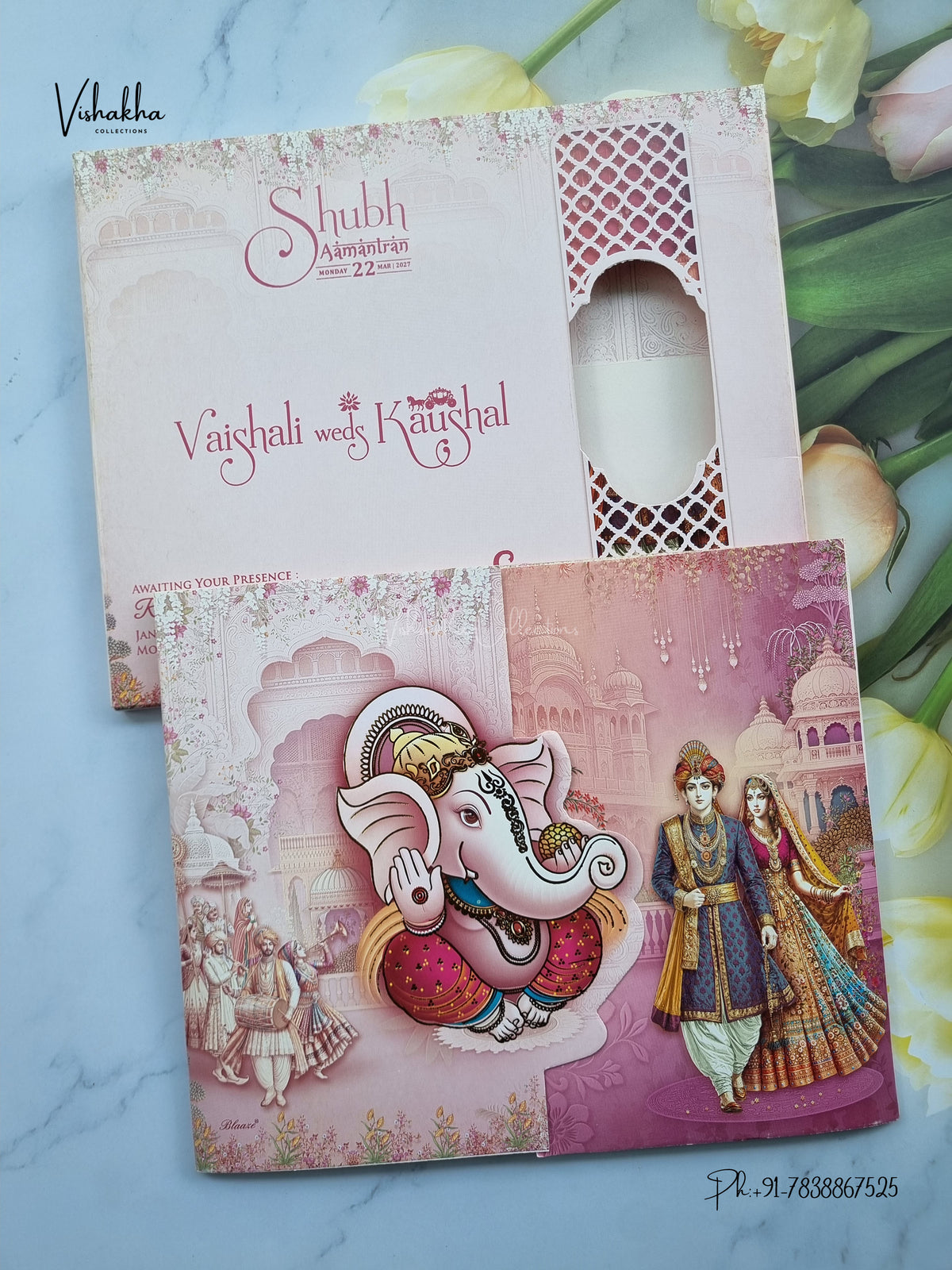 Semi Box Double Door Ganesh Ji Dulah Dulhan Hindu Jain invitation Cards NA-1126-07 – image 1