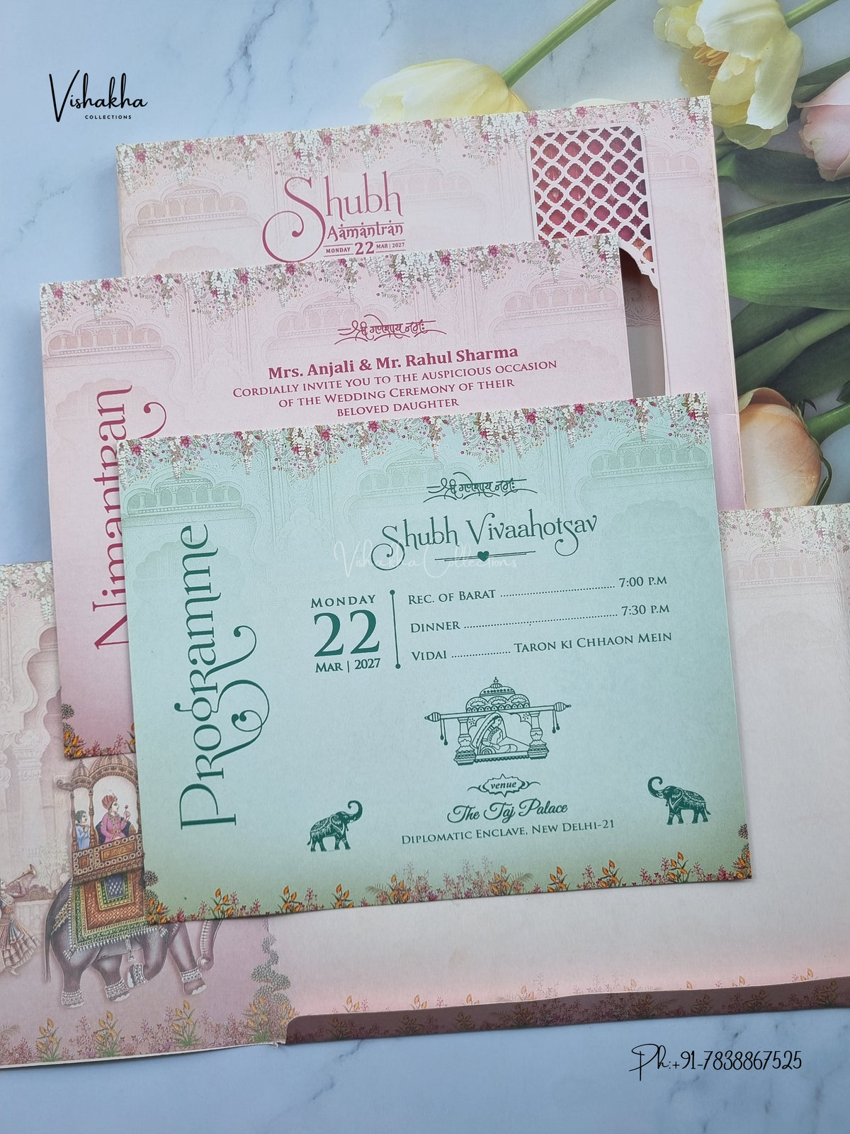 Semi Box Double Door Ganesh Ji Dulah Dulhan Hindu Jain invitation Cards NA-1126-07 – image 3