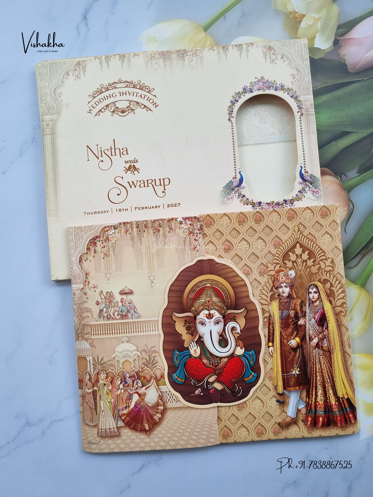 Semi Box Double Door Ganesh Ji Dulah Dulhan Hindu Jain invitation Cards NA-1126-08 – image 1