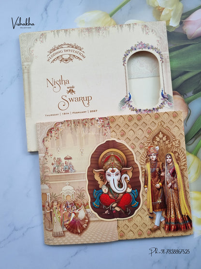 Semi Box Double Door Ganesh Ji Dulah Dulhan Hindu Jain invitation Cards NA-1126-08 – image 1