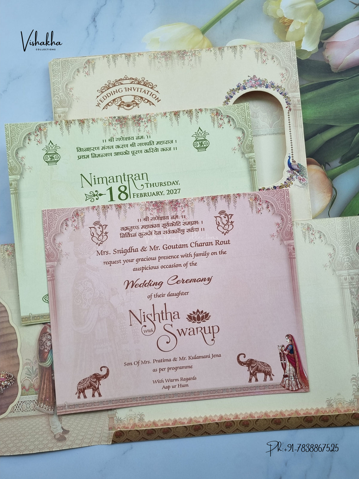 Semi Box Double Door Ganesh Ji Dulah Dulhan Hindu Jain invitation Cards NA-1126-08 – image 3