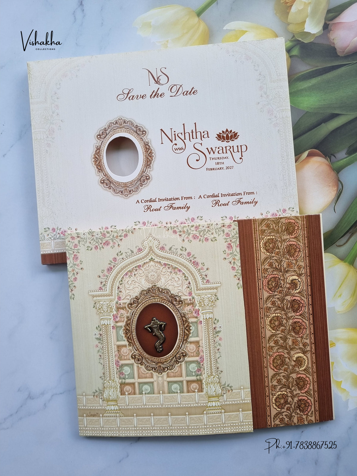 Semi Box Double Door Ganesh Ji Flower Hindu Jain invitation Cards NA-1126-100 – image 1