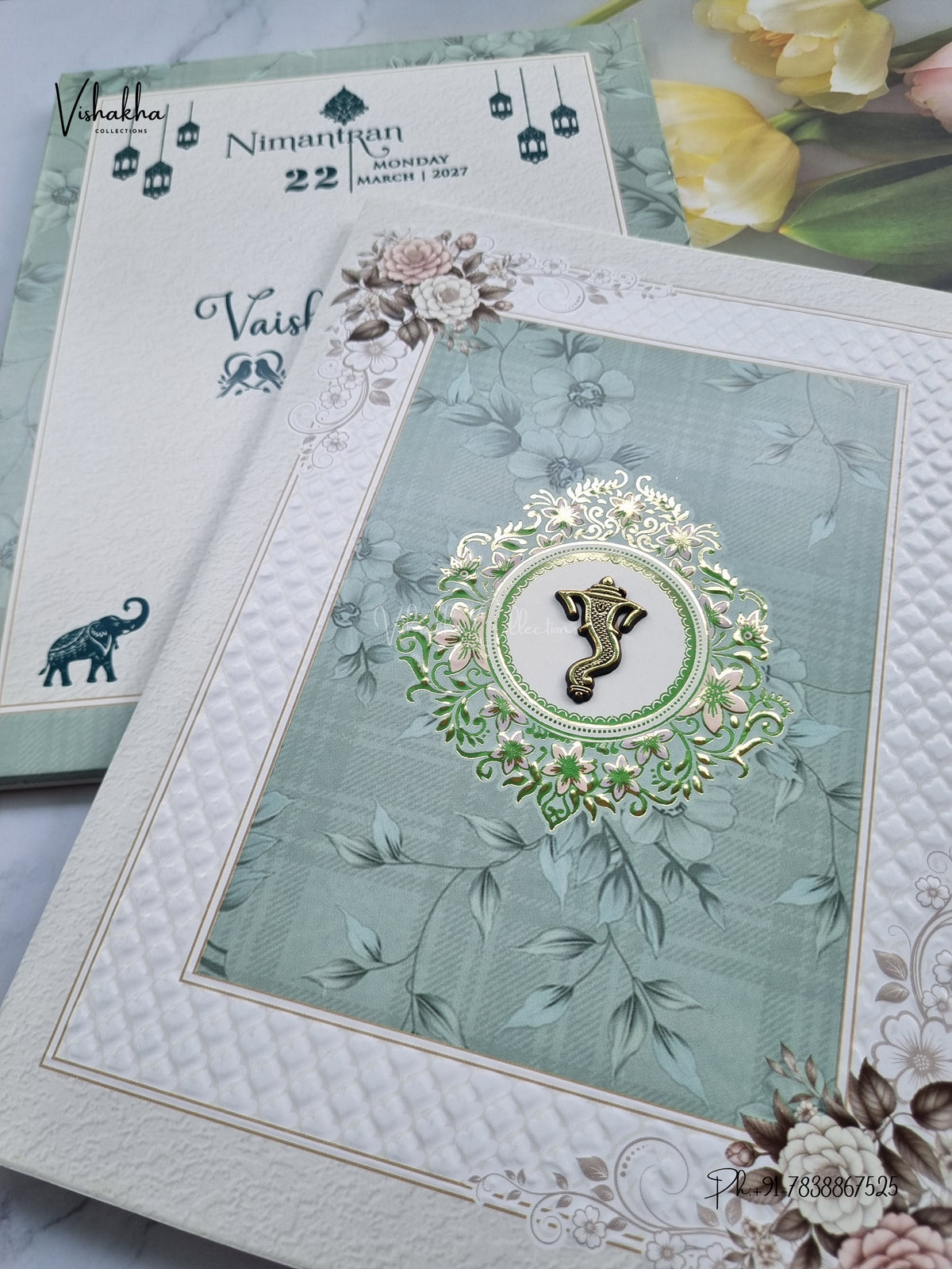 Semi Box Ganesh Ji Flower Hindu Jain invitation Cards NA-1126-118 – image 2