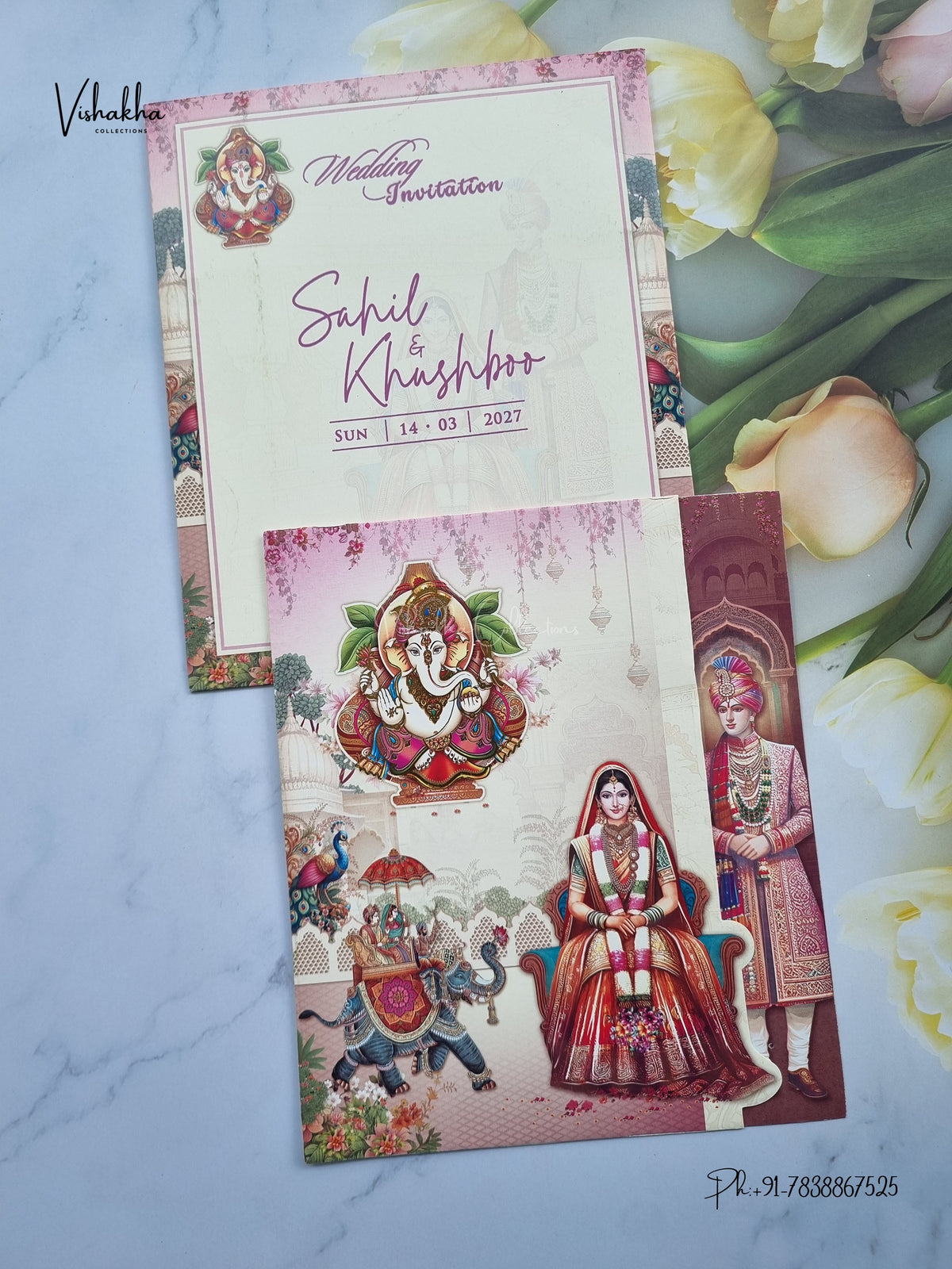 Three Fold Ganesh Ji Dulah Dulhan Barat Hindu Jain invitation Cards NA-1126-163 – image 1