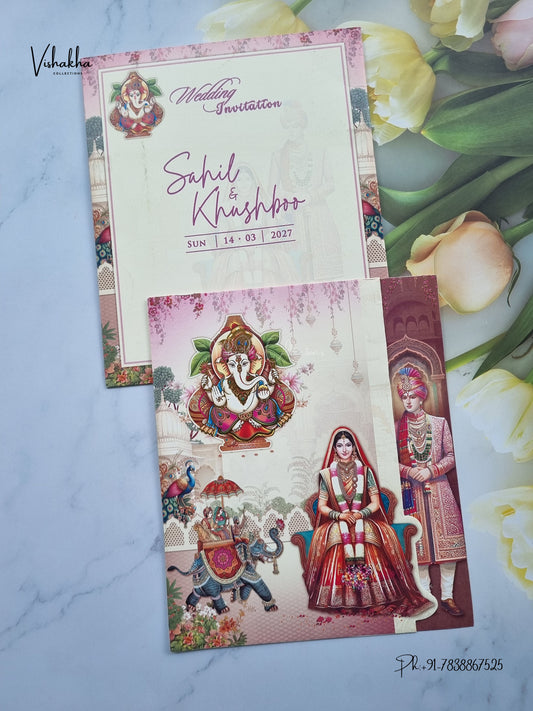 Three Fold Ganesh Ji Dulah Dulhan Barat Hindu Jain invitation Cards NA-1126-163 – image 1