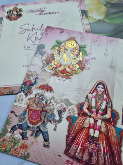 Three Fold Ganesh Ji Dulah Dulhan Barat Hindu Jain invitation Cards NA-1126-163 – image 2