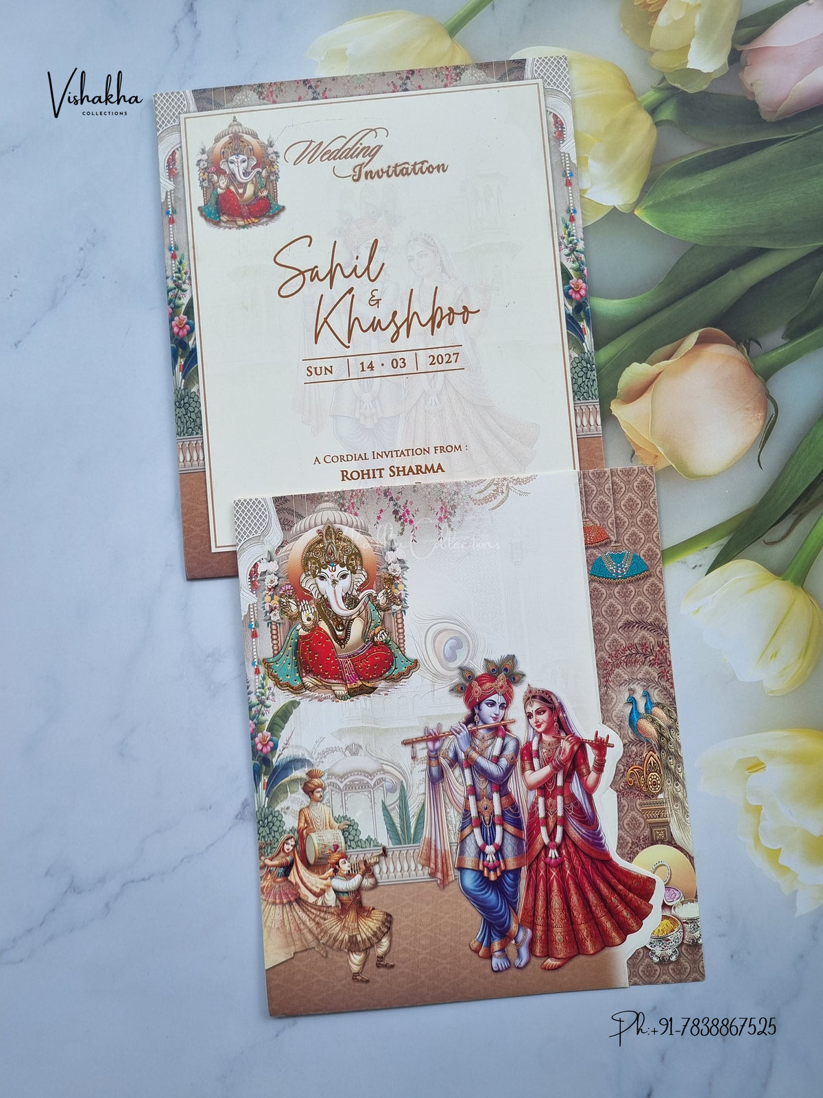 Three Fold Ganesh Ji Radha Krishna Hindu Jain invitation Cards NA-1126-164 – image 1