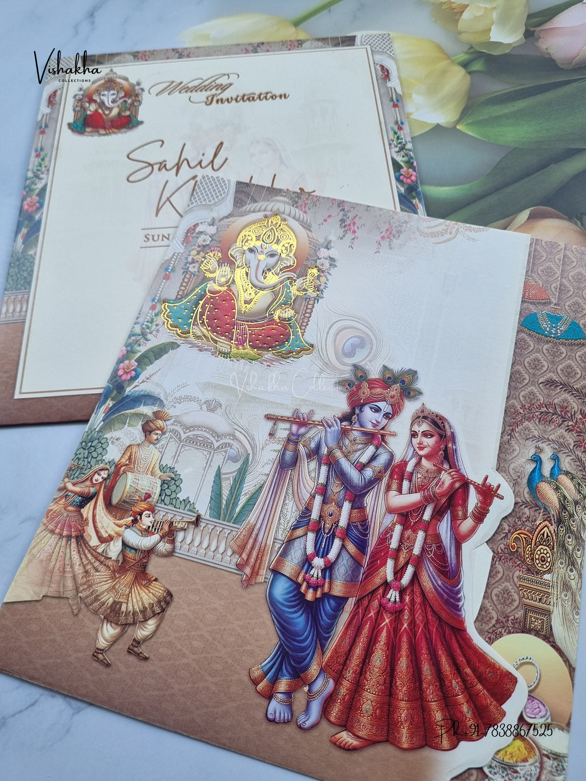 Three Fold Ganesh Ji Radha Krishna Hindu Jain invitation Cards NA-1126-164 – image 2