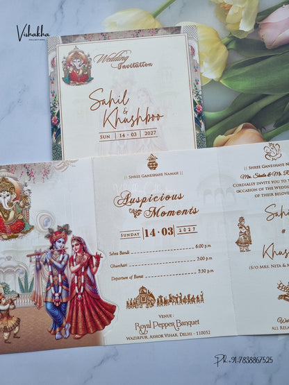 Three Fold Ganesh Ji Radha Krishna Hindu Jain invitation Cards NA-1126-164 – image 3