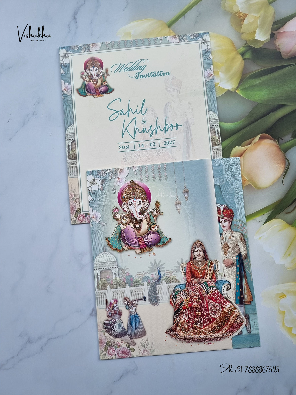 Three Fold Ganesh Ji Dulah Dulhan Hindu Jain invitation Cards NA-1126-165 – image 1