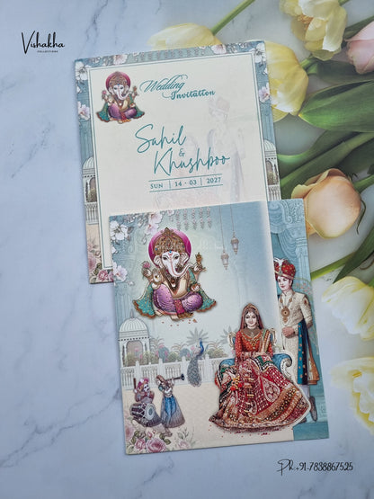 Three Fold Ganesh Ji Dulah Dulhan Hindu Jain invitation Cards NA-1126-165 – image 1