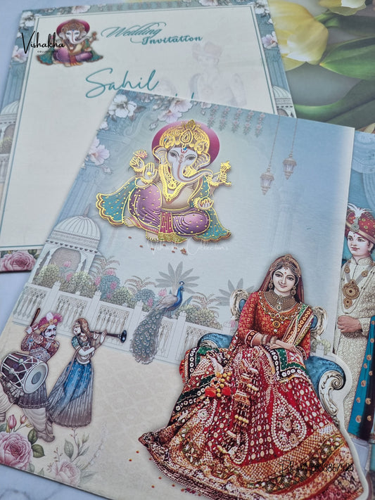 Three Fold Ganesh Ji Dulah Dulhan Hindu Jain invitation Cards NA-1126-165 – image 2