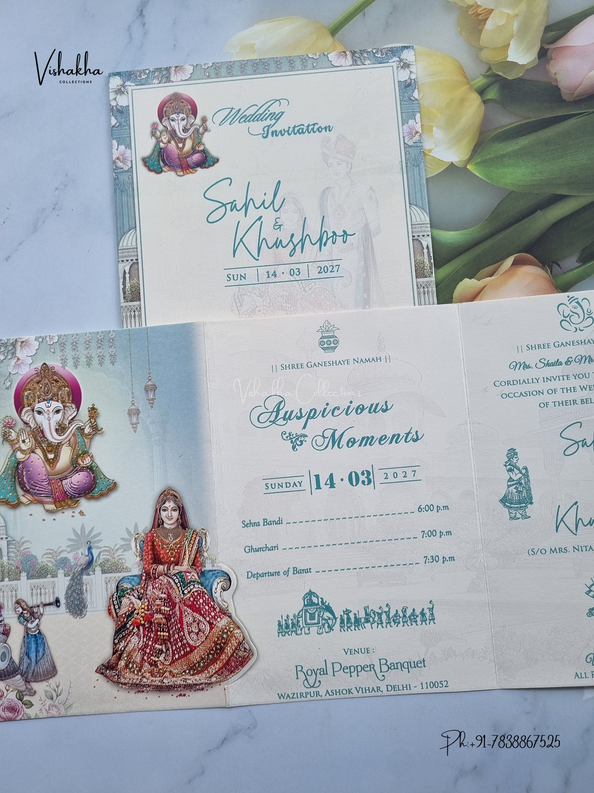 Three Fold Ganesh Ji Dulah Dulhan Hindu Jain invitation Cards NA-1126-165 – image 3