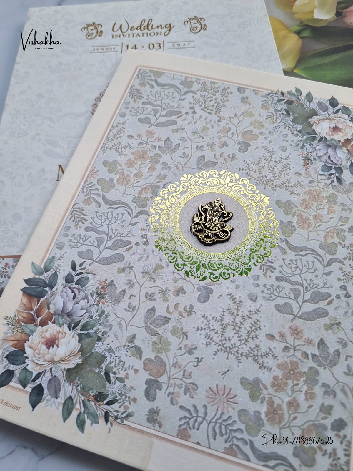 Semi Box Ganesh Ji Flower Hindu Jain invitation Cards NA-1126-177 – image 2