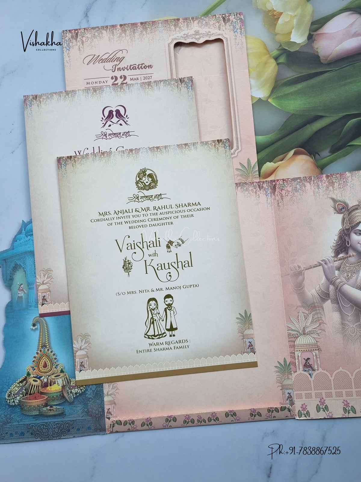 Double Door Ganesh Ji Dulah Dulhan Hindu Jain invitation Cards NA-1126-19 – image 3