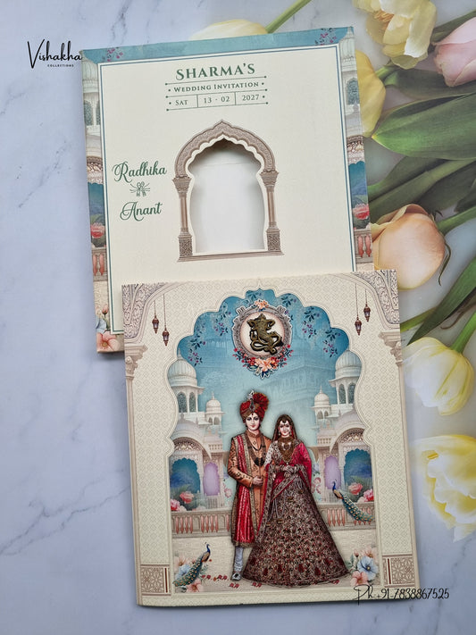 Semi Box Ganesh Ji Dulah Dulhan Hindu Jain invitation Cards NA-1126-210 – image 1