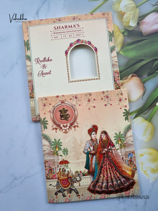 Semi Box Ganesh Ji Dulah Dulhan Hathi Hindu Jain invitation Cards NA-1126-211 – image 1